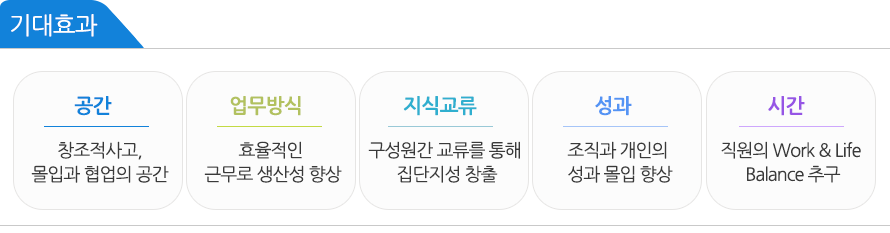 [기대효과]공간 : 창조적사고, 몰입과 협업의 공간 / 업무방식 : 효율적인 근무로 생산성 향상 / 지식교류 : 구성원간 교류를 통해 집단지성 창출 / 성과 : 조직과 개인의 성과 몰입 향상 / 시간 : 직원의 Work & Life Balance 추구